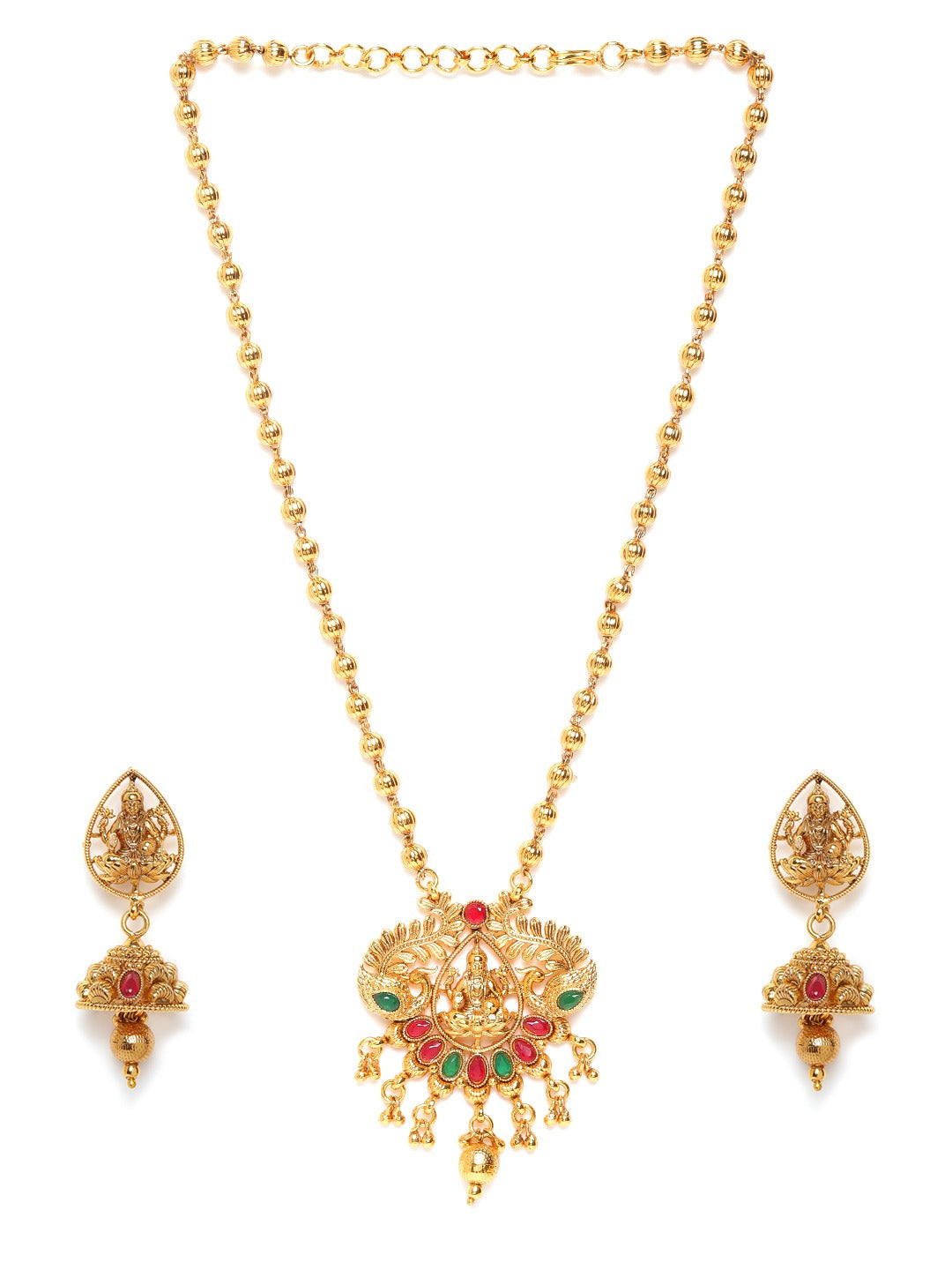 Red Gold-Plated Stone-Studded Goddess Lakshmi Handcrafted Jewellery Set