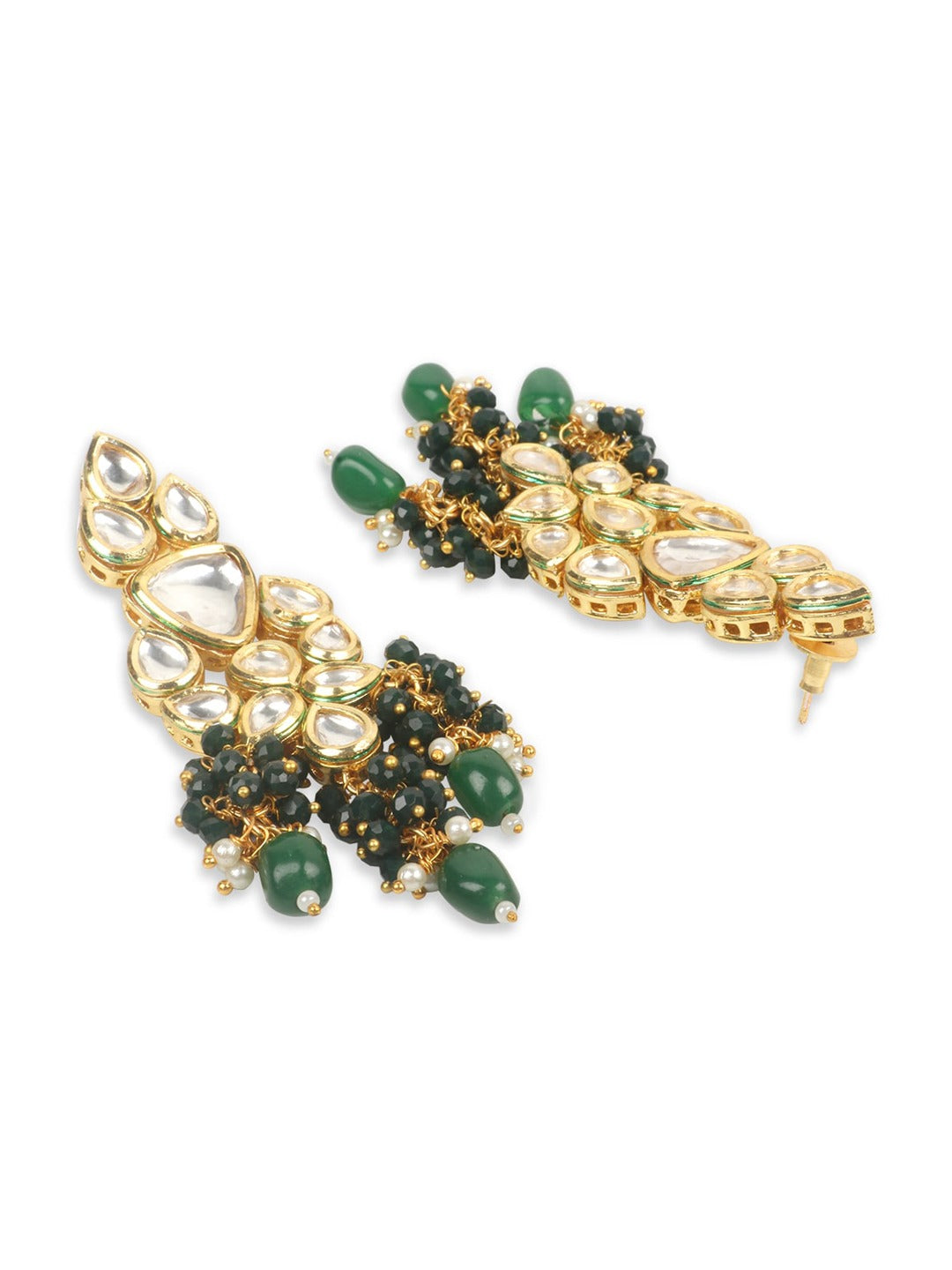 Gold-Plated White & Green Kundan-Studded & Beaded Vilandi Traditional Jewellery Set ( Kundan Polki , Gold , Green )