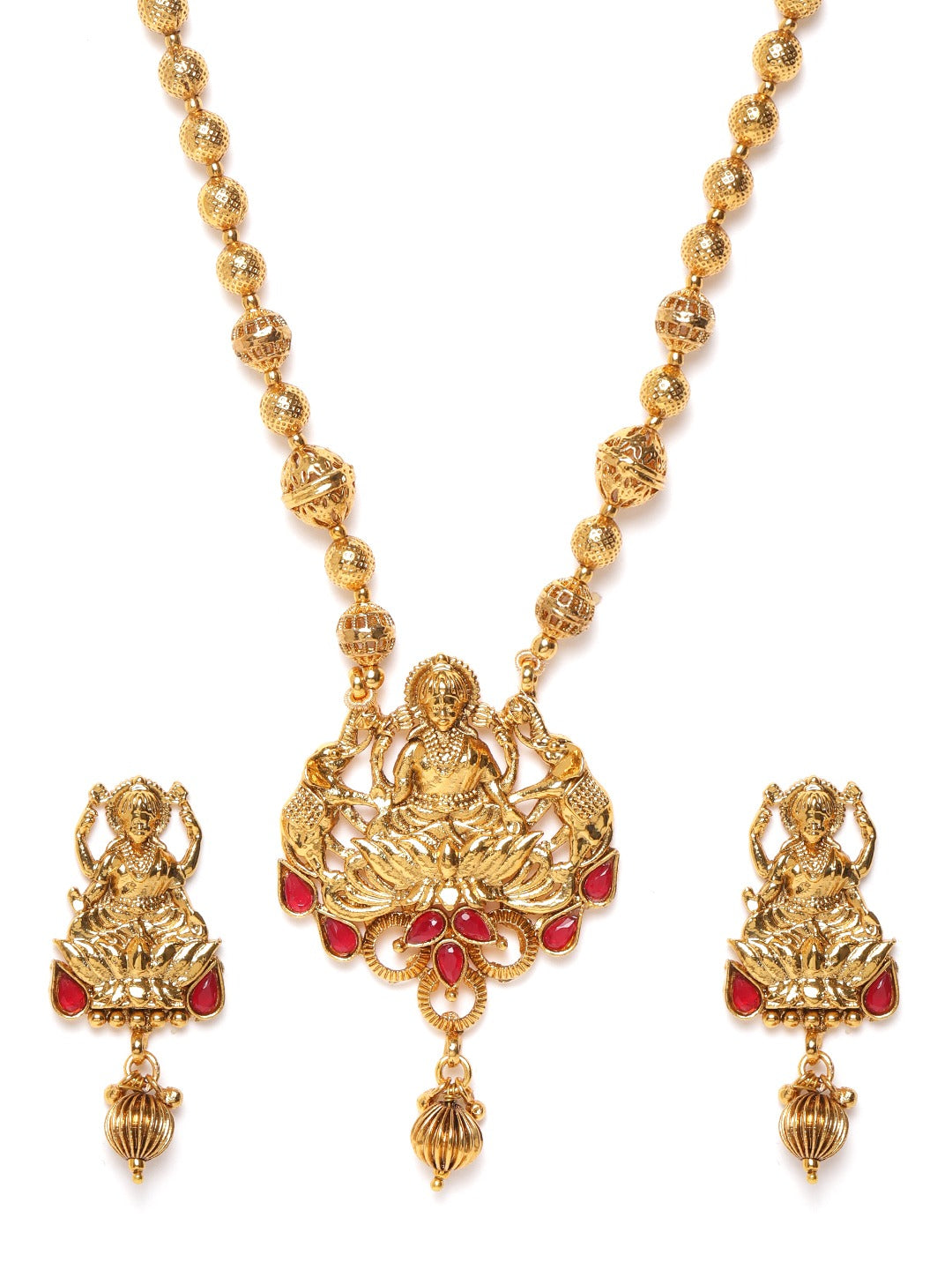 Red Gold-Plated Stone-Studded Goddess Lakshmi Handcrafted Jewellery Set
