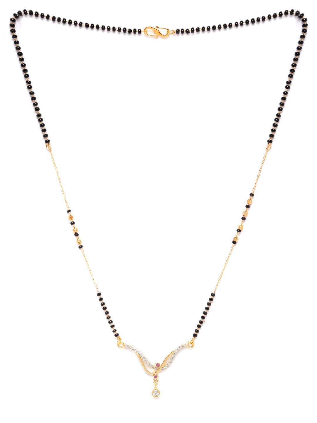 Black & Pink Gold-Plated Beaded & AD-Studded Mangalsutra