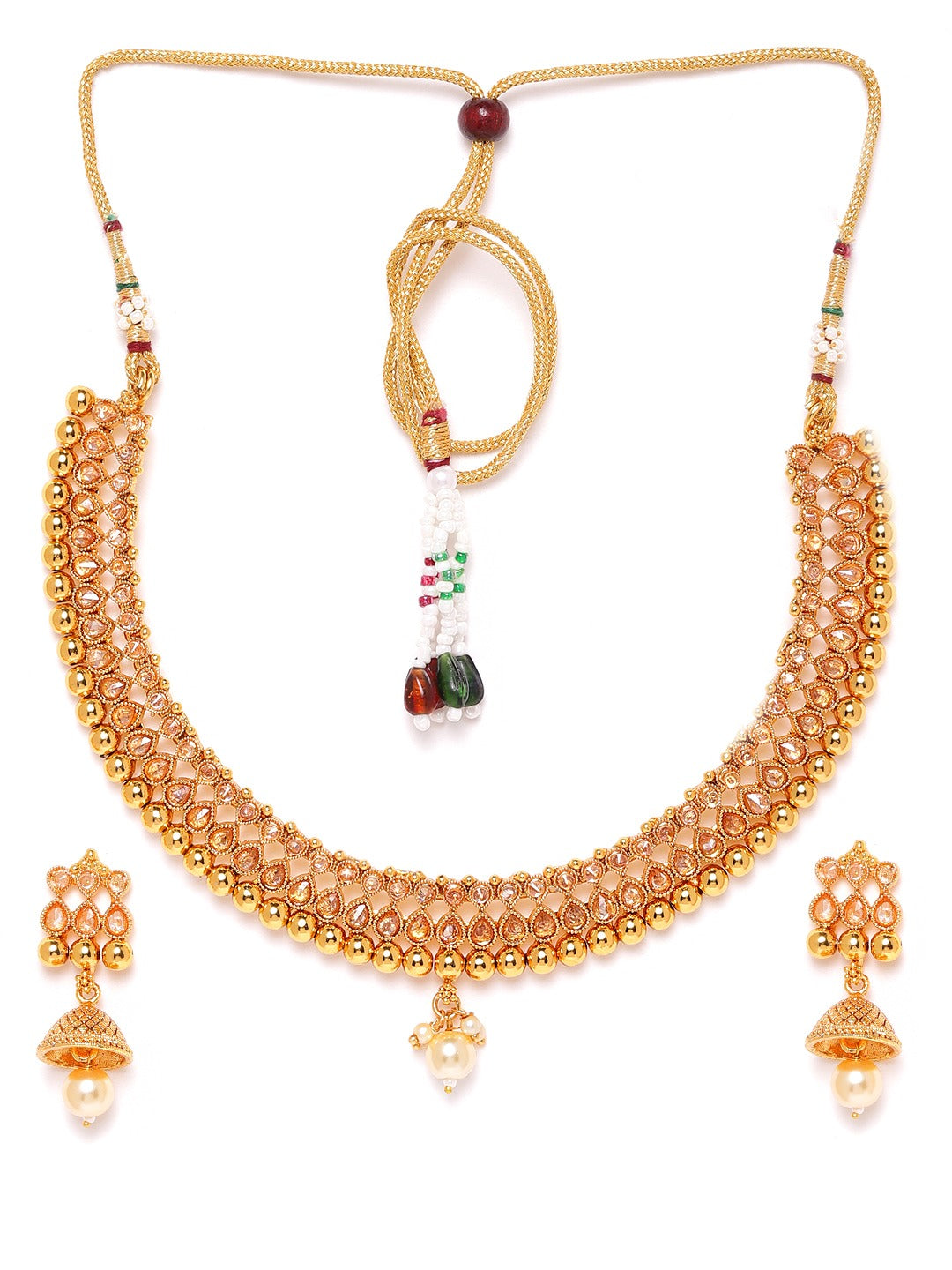 Gold-Plated CZ-Studded & Artificial Beaded Handcrafted Jewellery Set