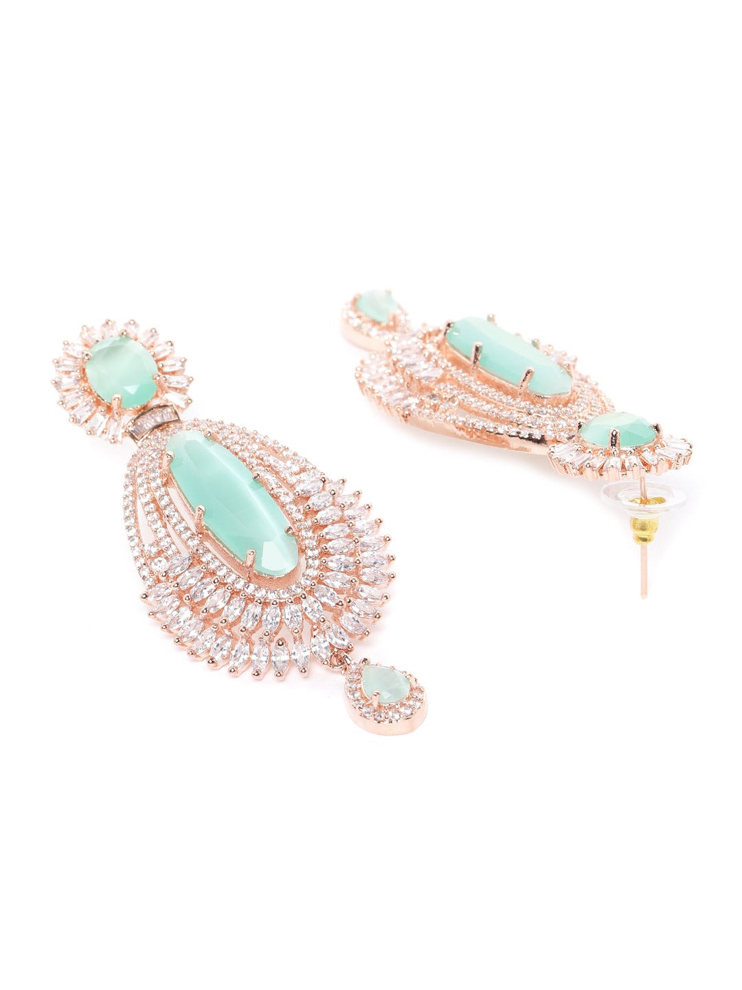 Sea Green Rose Gold-Plated AD-Studded Handcrafted Oval Drop Earrings