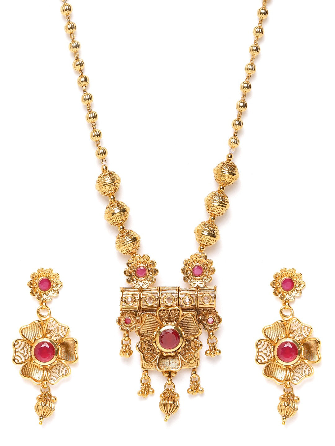 Pink Gold-Plated Stone Studded Handcrafted Jewellery Set
