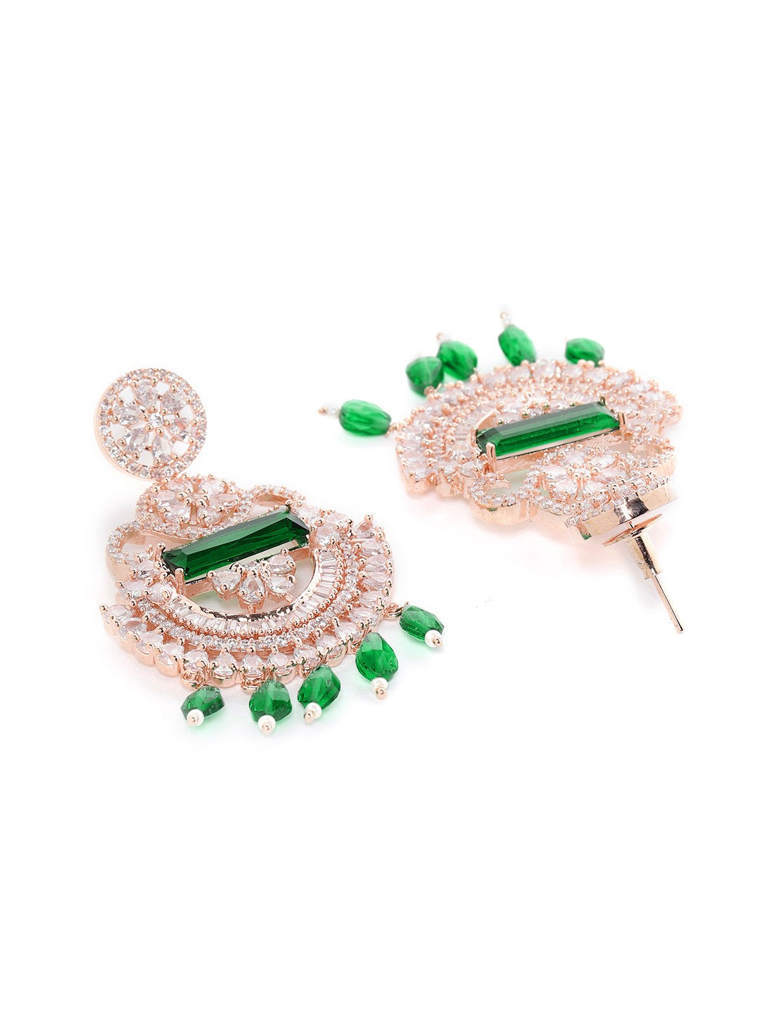 Green Rose Gold-Plated AD Studded Beaded Handcrafted Drop Earrings