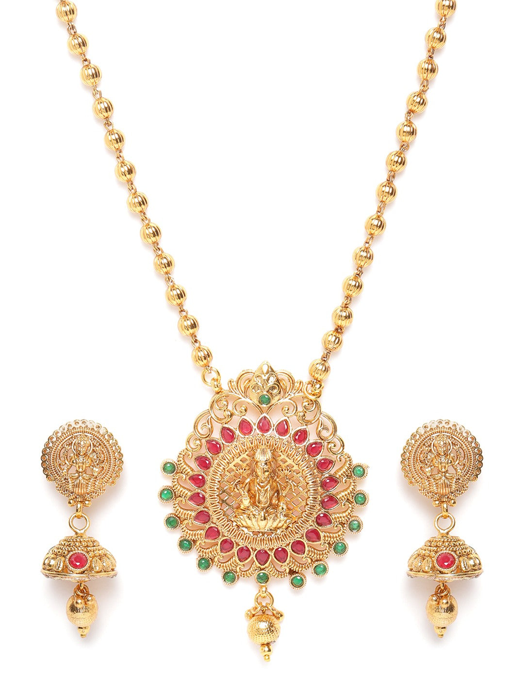 Green & Pink Gold-Plated Stone Studded Handcrafted Temple Jewellery Set