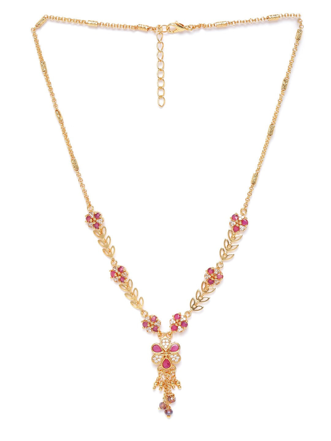 Magenta Gold-Plated AD-Studded & Beaded Handcrafted Floral Shaped Necklace