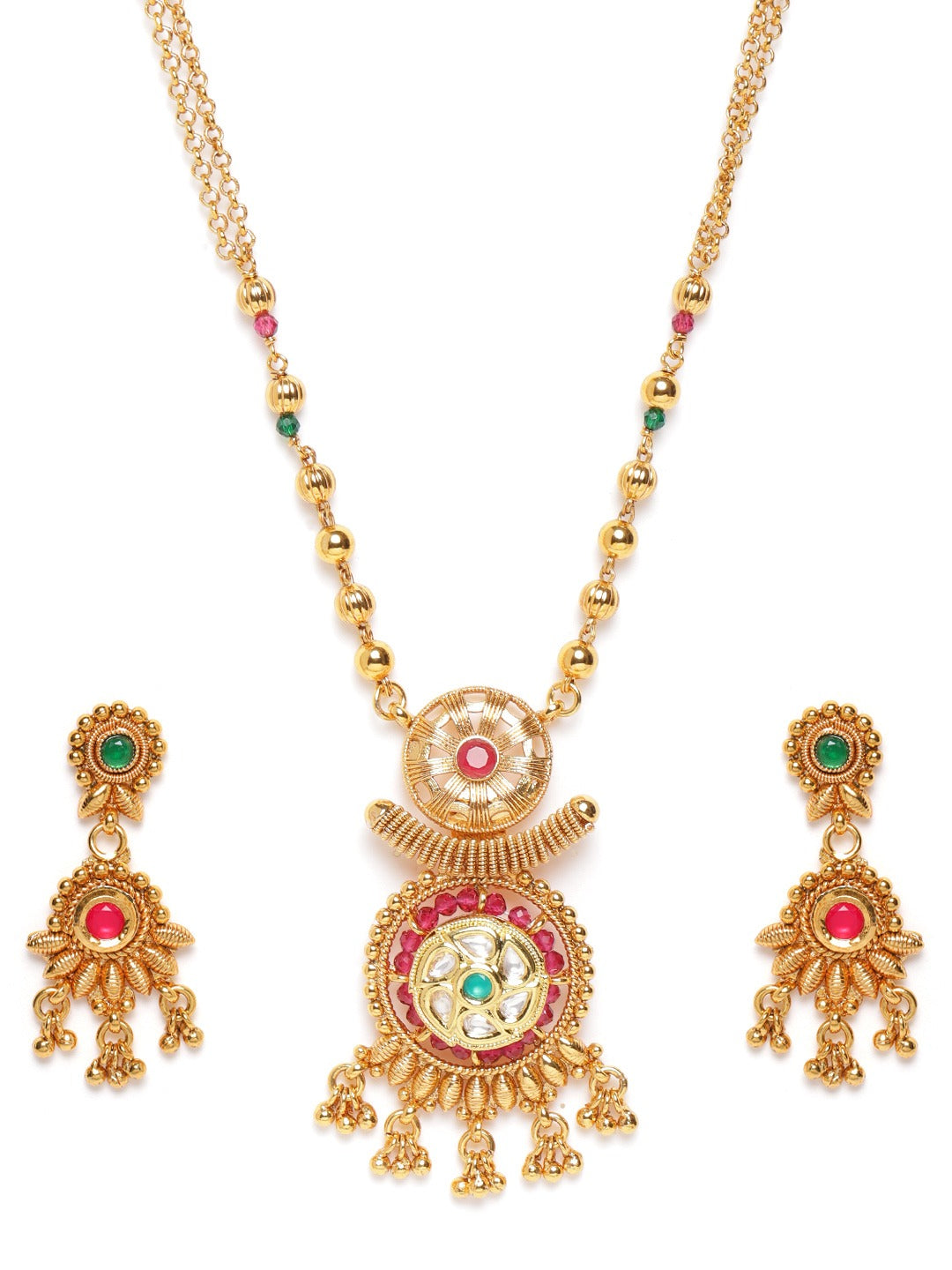 Green & Magenta Stone Studded & Beaded Handcrafted Jewellery Set