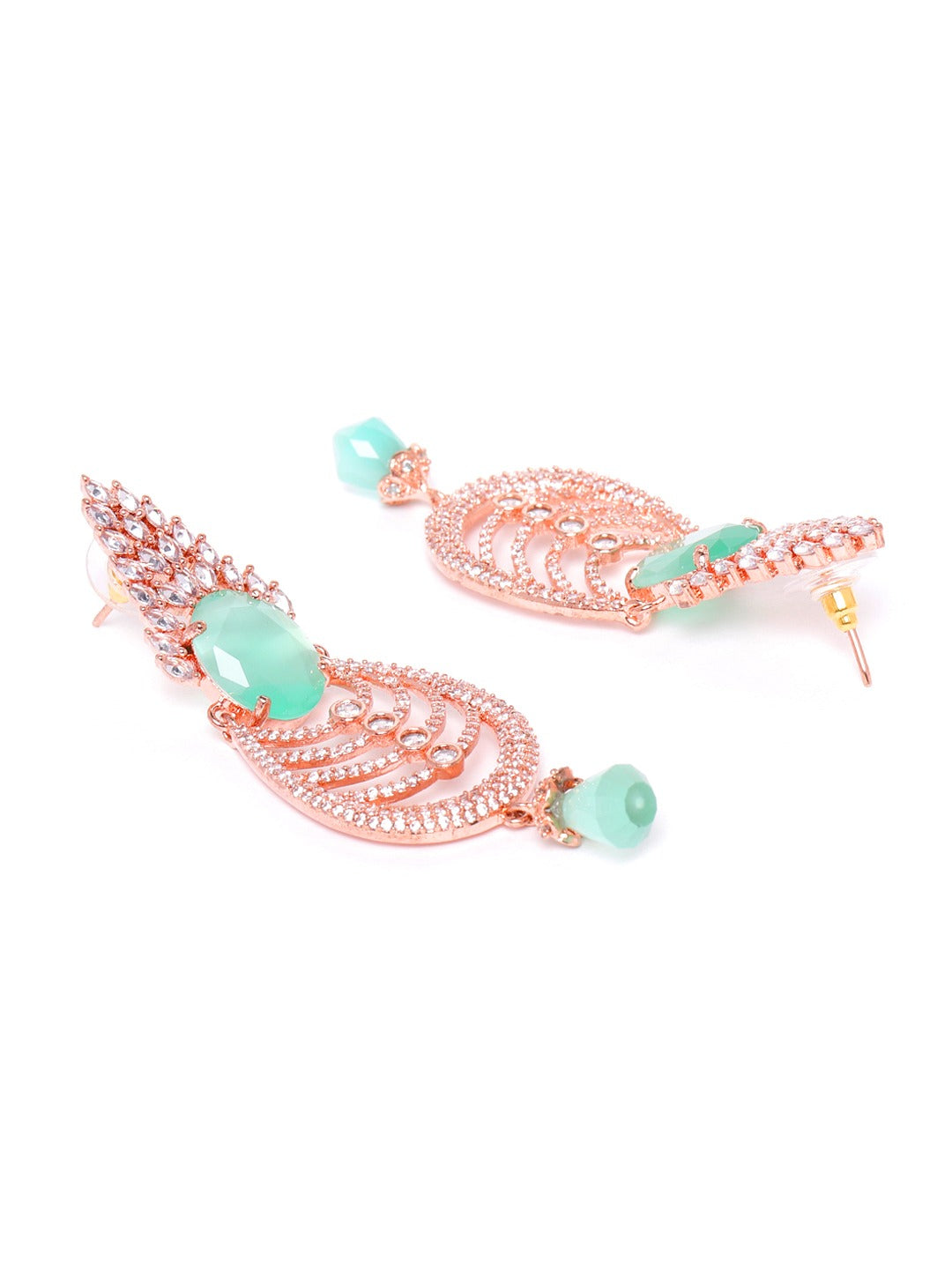 Sea Green Rose Gold-Plated AD Stone-Studded Handcrafted Drop Earrings