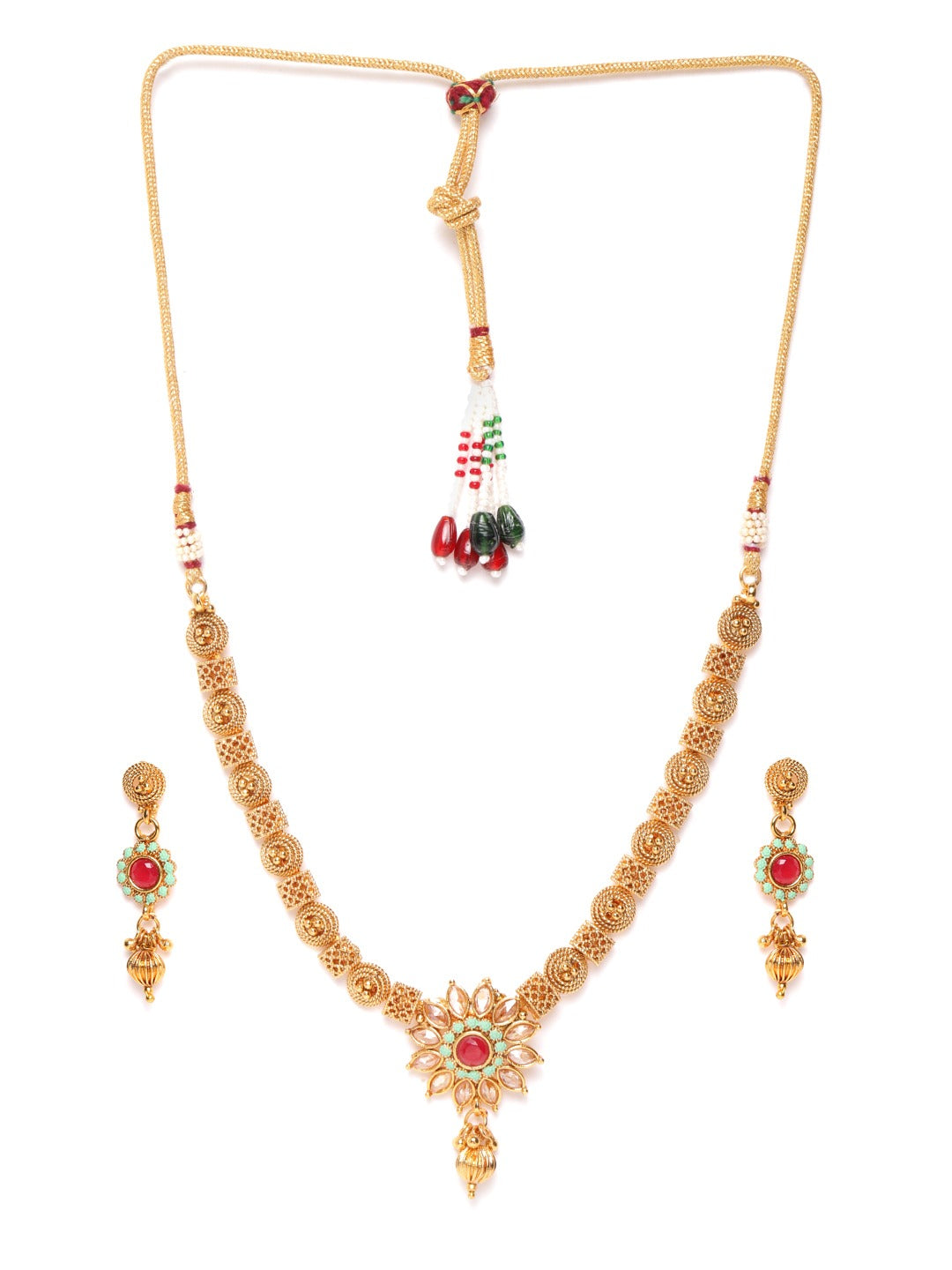Green & Pink Gold-Plated Handcrafted Meenakari Jewellery Set