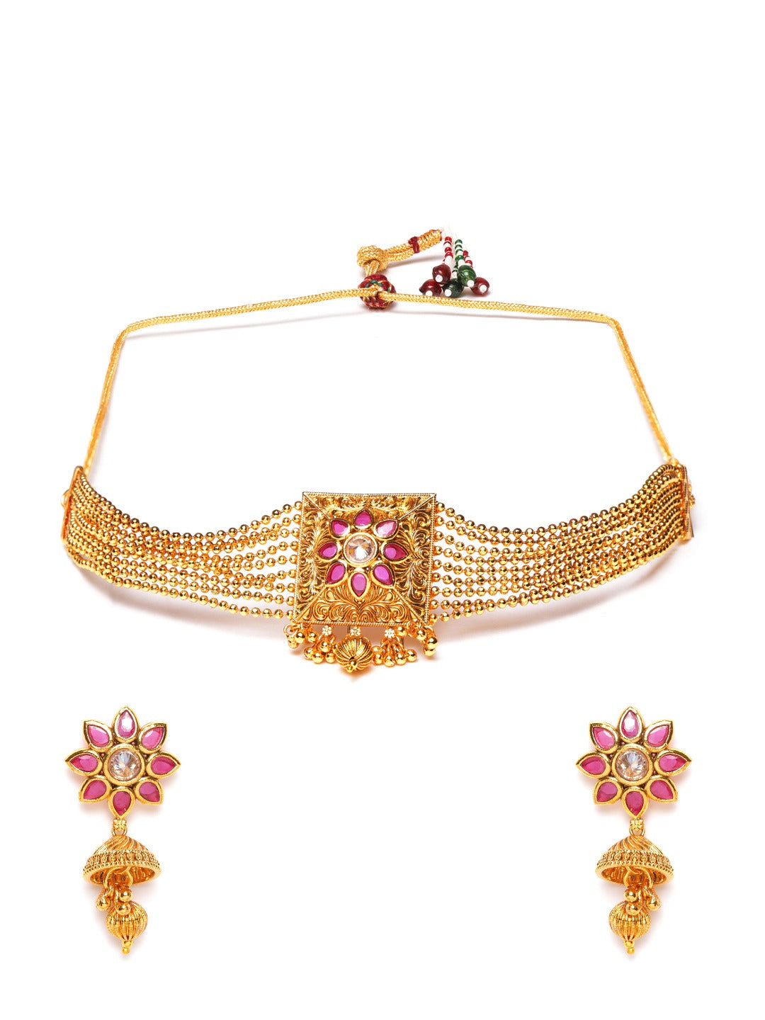 Jewels Gehna Pink Gold-Plated Stone Studded Handcrafted Jewellery Set