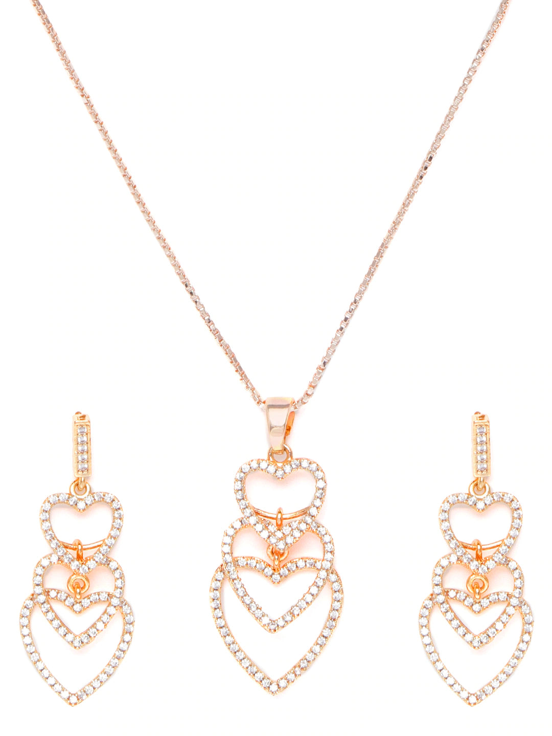 Rose Gold-Plated AD Studded Heart Shaped Pendant with Chain & Earrings