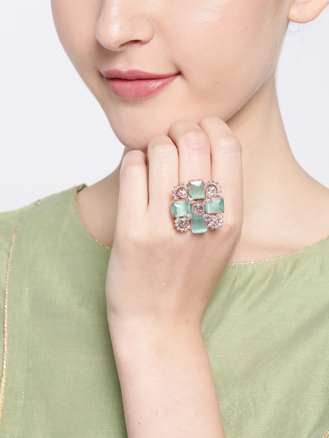 Sea Green Rose Gold-Plated AD-Studded Handcrafted Adjustable Finger Ring