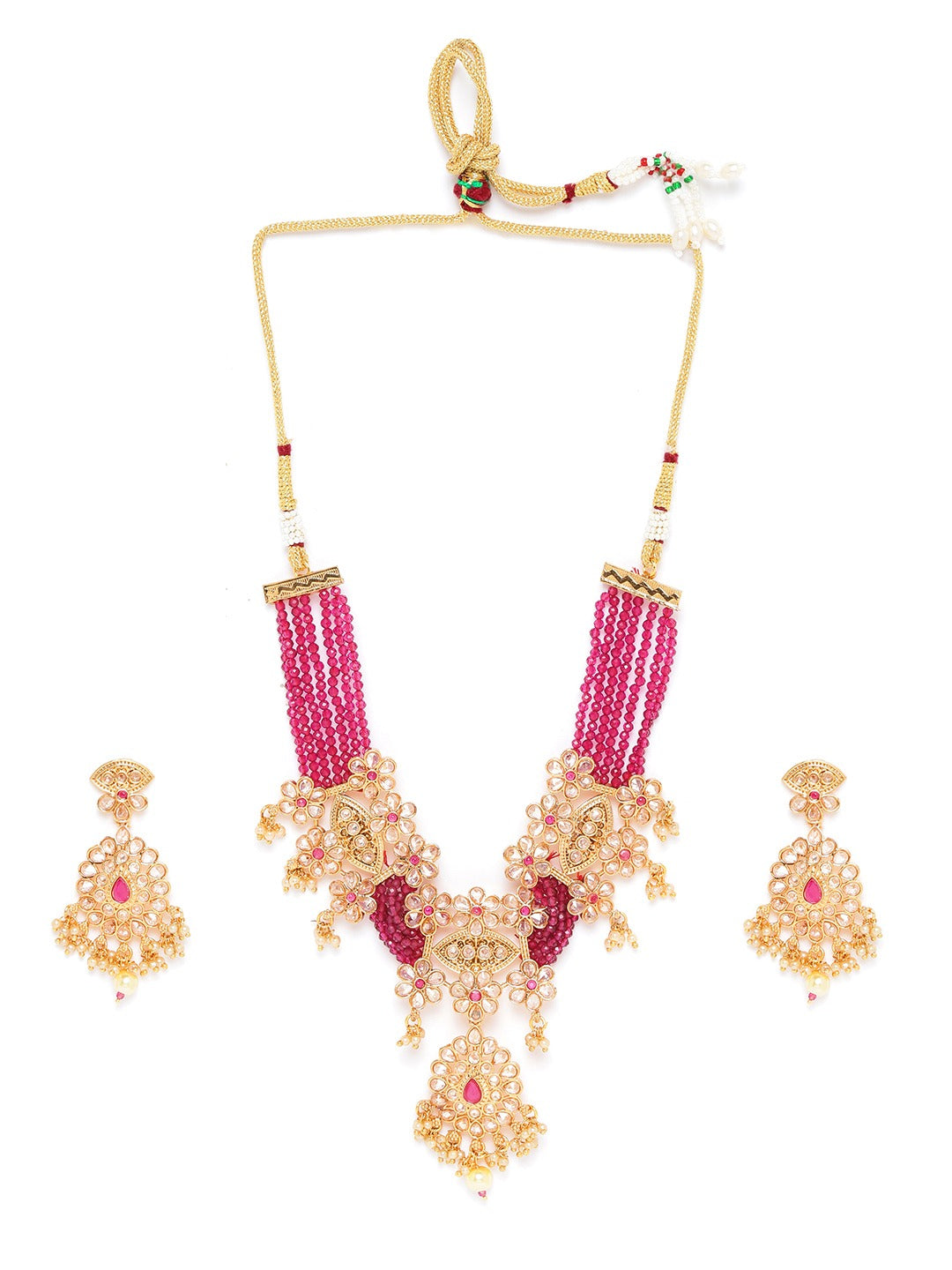 Jewels Gehna Pink Gold Plated Stone Studded & Beaded Jewellery Set ( American Diamond , Gold , Pink )