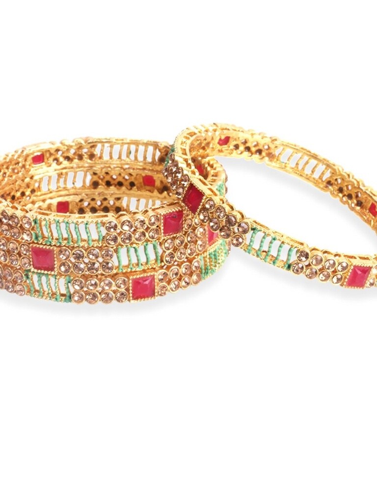 Set-4 Gold-Plated Red & Beige Stone-Studded Handcrafted Bangles