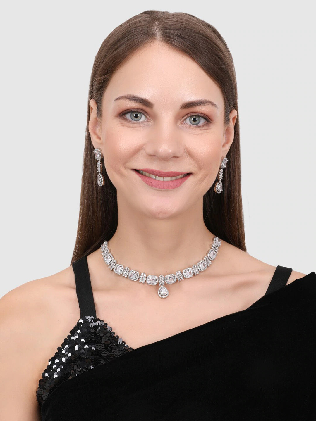 Silver-Plated & White AD-Studded Jewellery Set