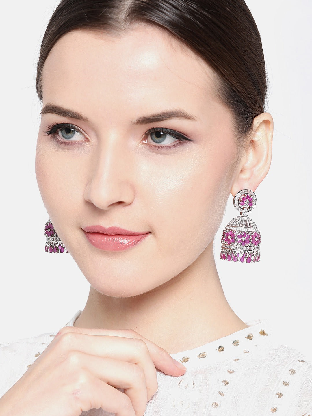 Pink Silver-Plated AD Studded Handcrafted Dome Shaped Jhumkas