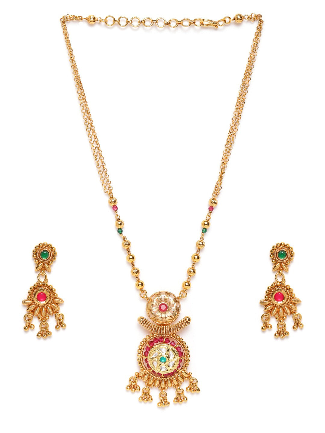 Green & Magenta Stone Studded & Beaded Handcrafted Jewellery Set
