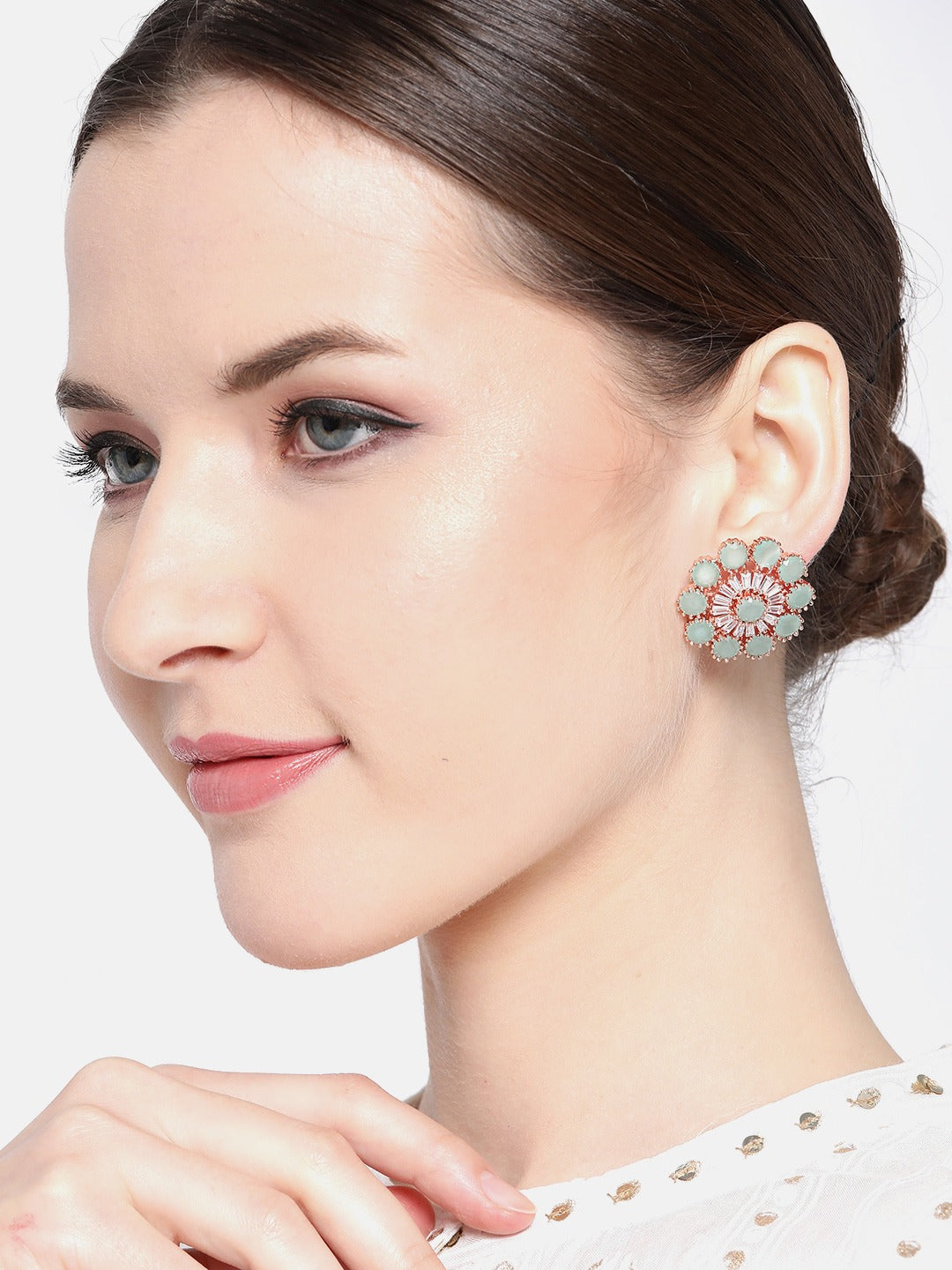 Rose Gold-Plated & Sea Green Contemporary Studs Earrings