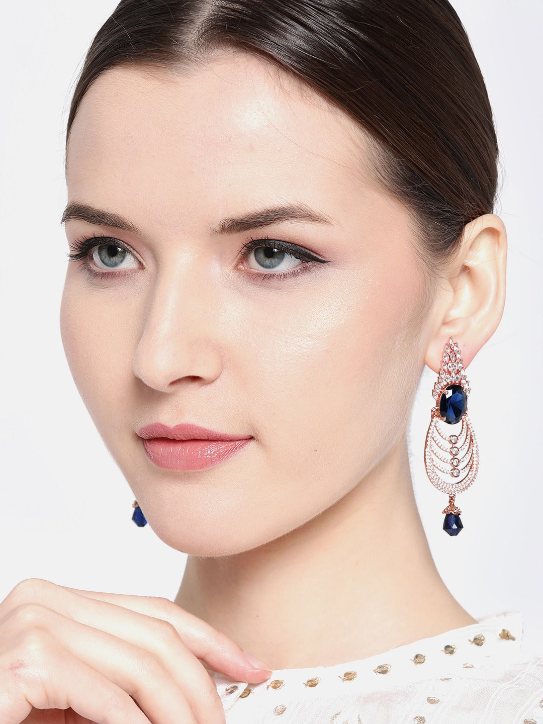 Navy Blue Rose Gold-Plated AD Studded Beaded Handcrafted Oval Drop Earrings