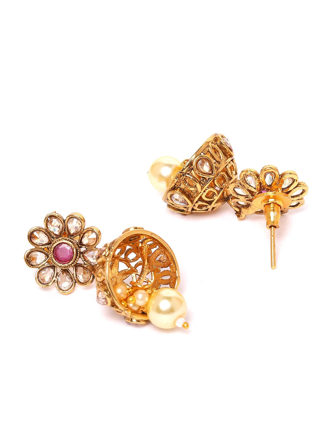 Magenta Antique Gold-Plated CZ-Studded & Beaded Handcrafted Jewellery Set