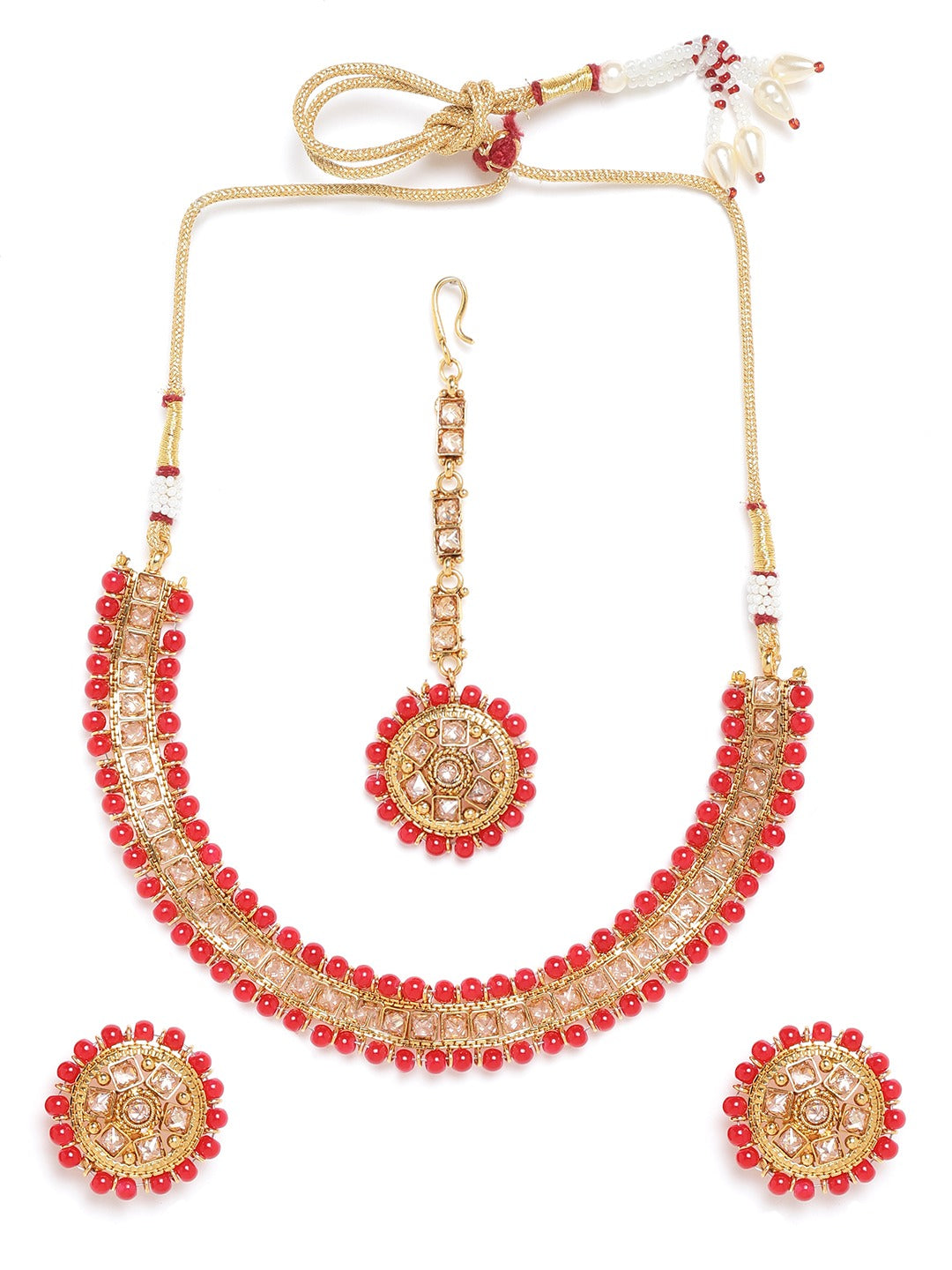 Red Gold Plated CZ Studded & Beaded Jewellery Set