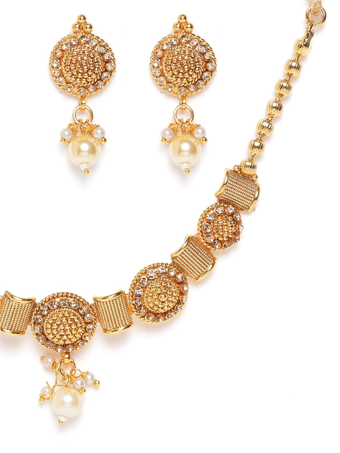 White Gold-Plated Stone Studded & Beaded Handcrafted Jewellery Set