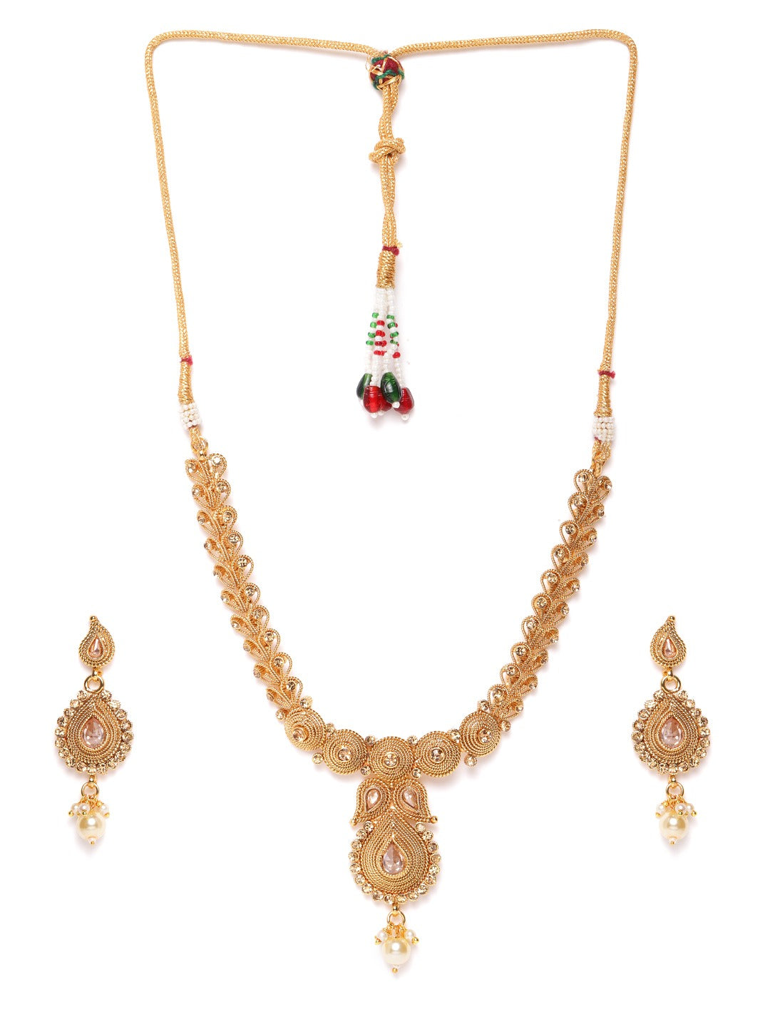Off-White Gold-Plated Stone Studded & Beaded Handcrafted Jewellery Set