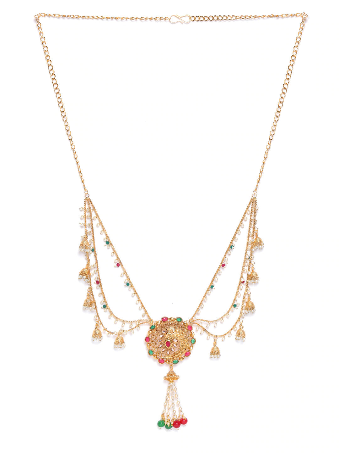 Off-White & Green Gold-Plated CZ Studded & Beaded Handcrafted Kamarbandh ( American Diamond , Gold , Off White )