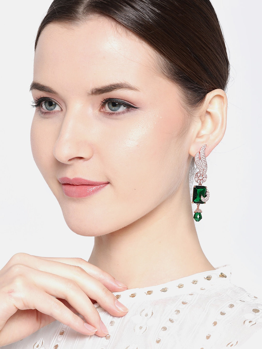 Green Rose Gold-Plated AD-Studded Handcrafted Contemporary Drop Earrings