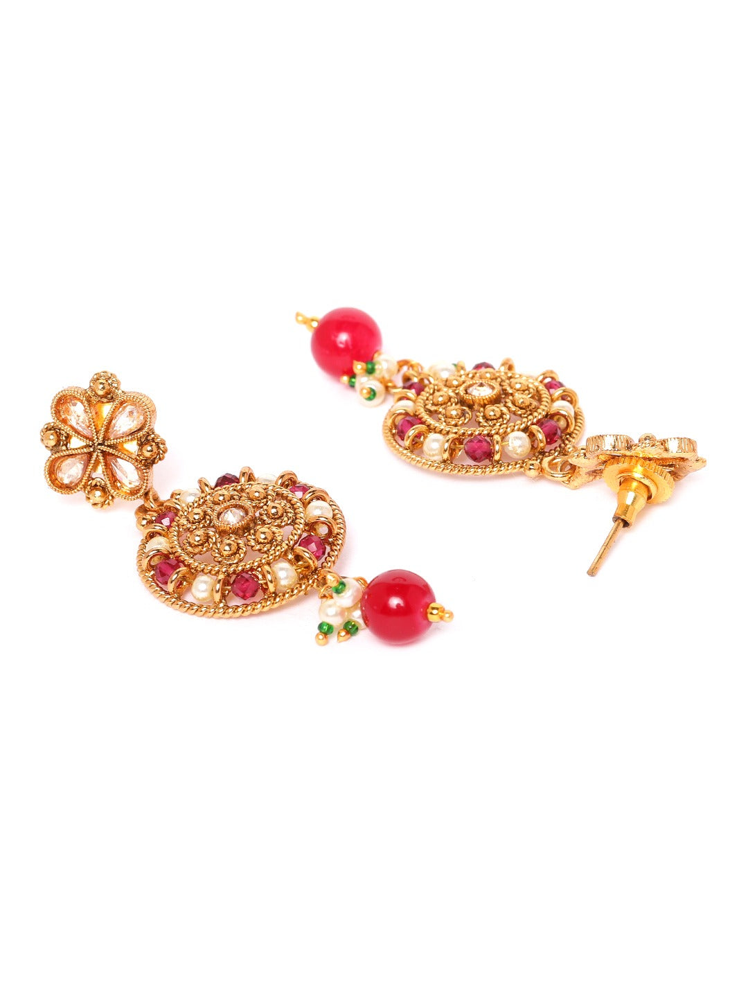 Red Gold-Plated CZ-Studded & Artificial Beaded Handcrafted Jewellery Set