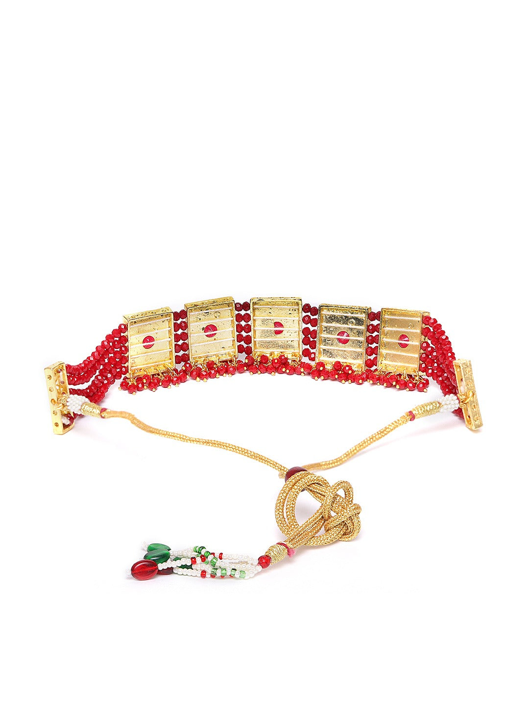 Red & Gunmetal-Toned Gold-Plated Stone-Studded Handcrafted Jewellery Set