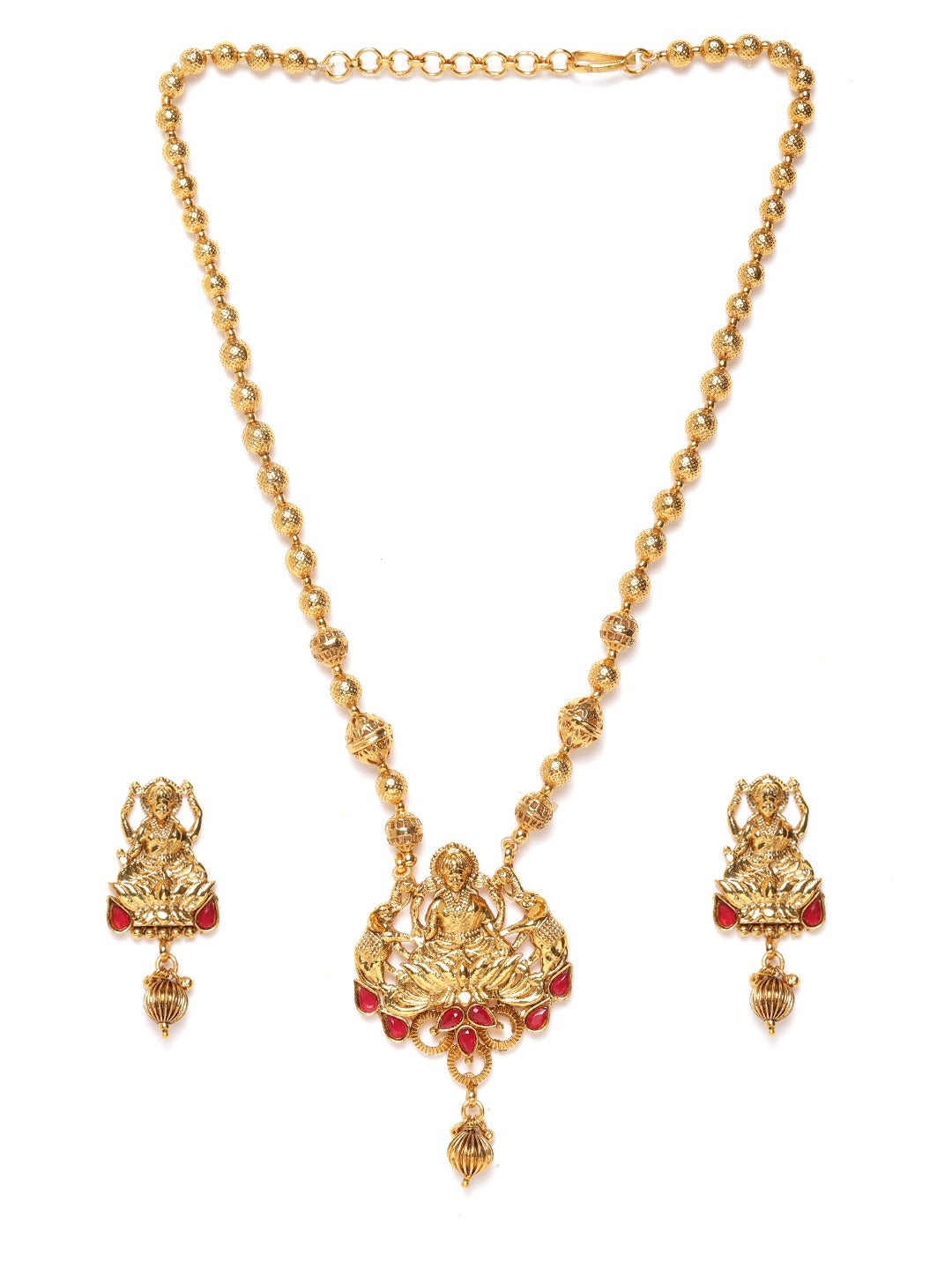 Red Gold-Plated Stone-Studded Goddess Lakshmi Handcrafted Jewellery Set