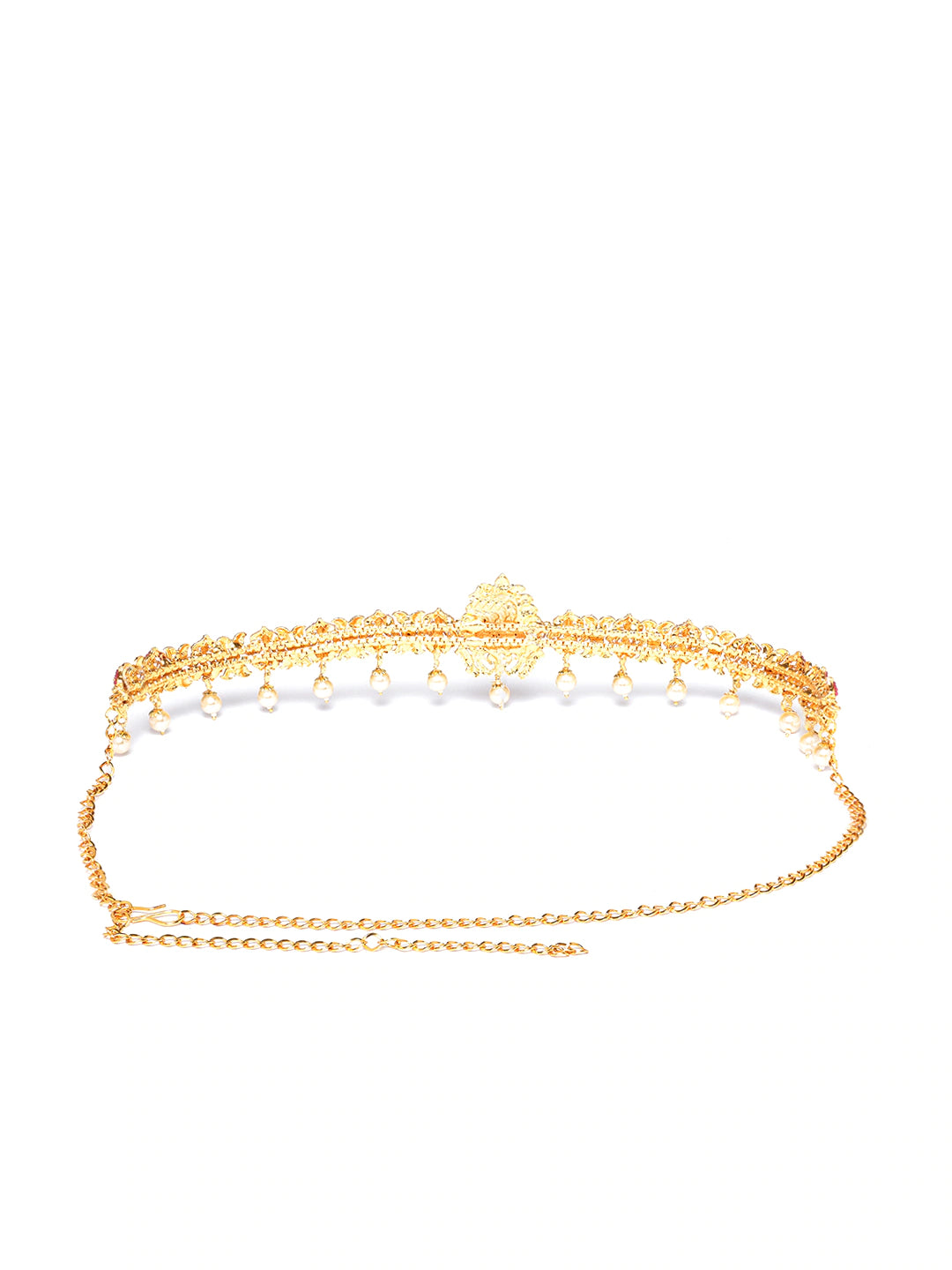 Magenta & Off-White Gold-Plated CZ-Studded & Beaded Temple Kamarbandh ( American Diamond , Gold , Magenta )