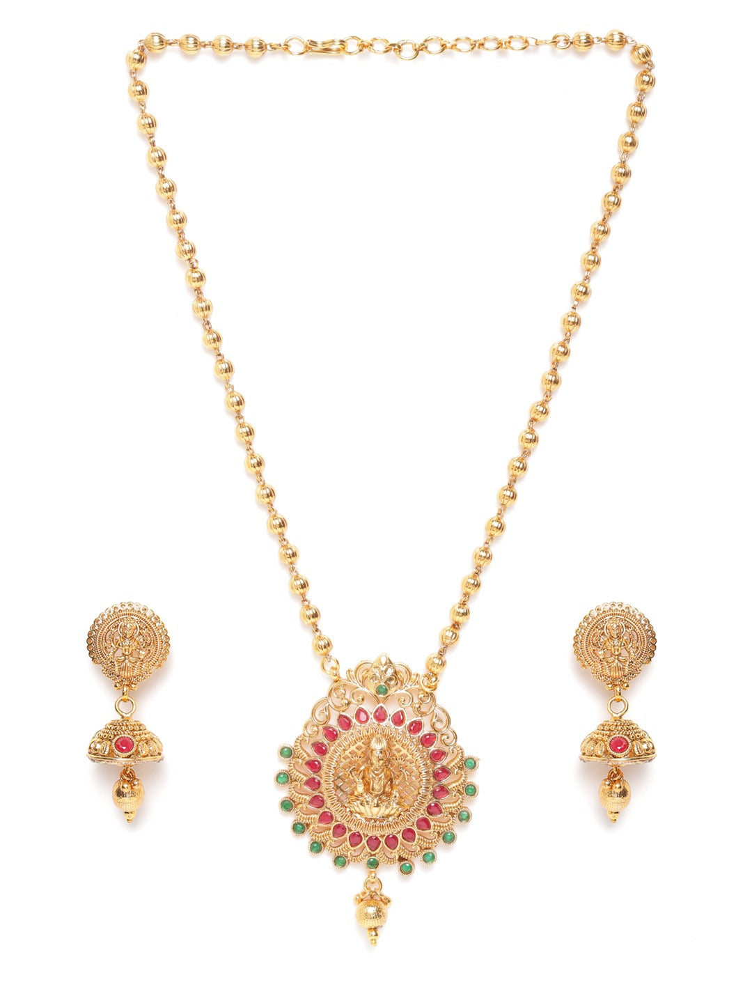 Green & Pink Gold-Plated Stone Studded Handcrafted Temple Jewellery Set