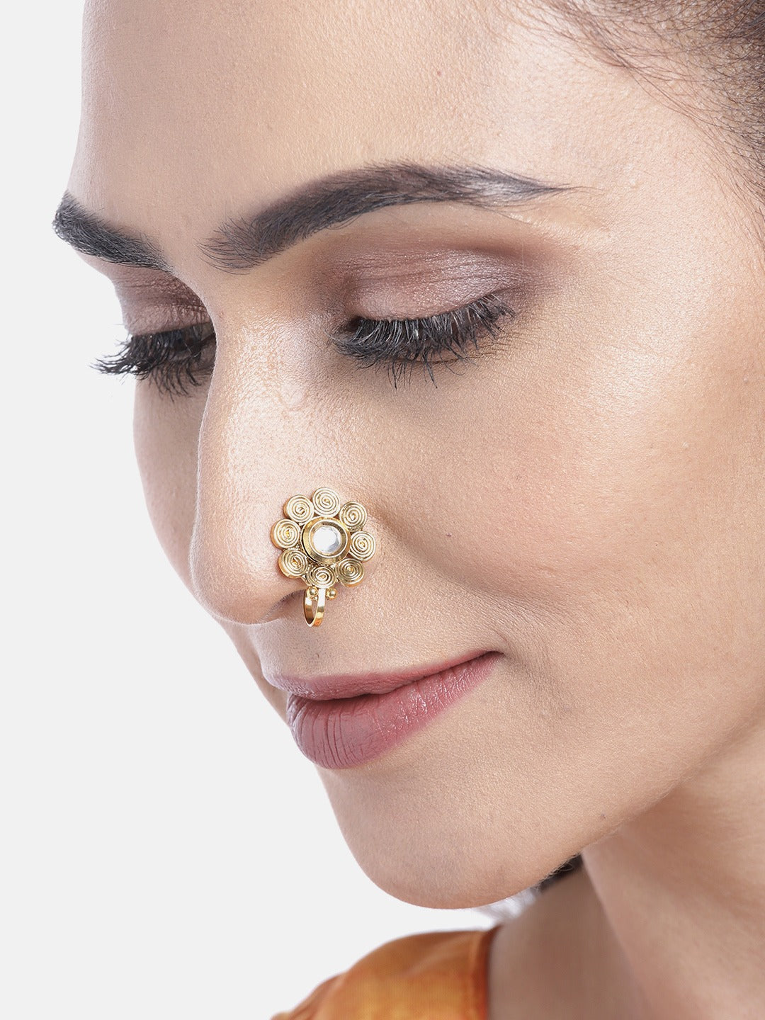 Set of 3 Gold-Plated Kundan Studded & Beaded Nose Studs