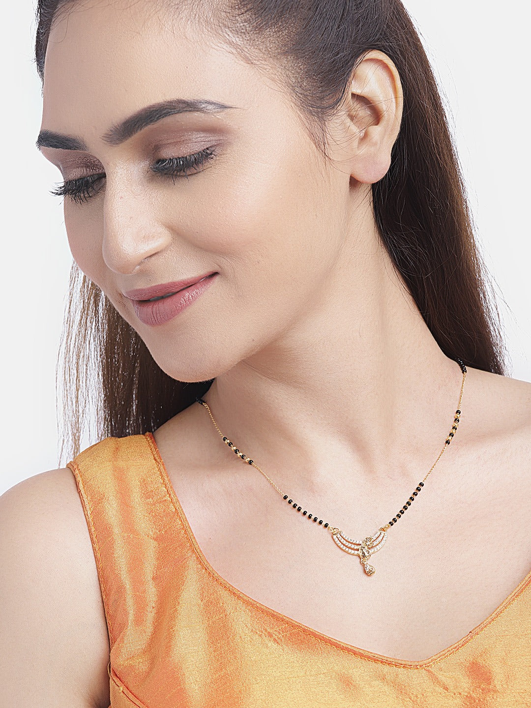 Black Gold-Plated AD-Studded & Beaded Mangalsutra