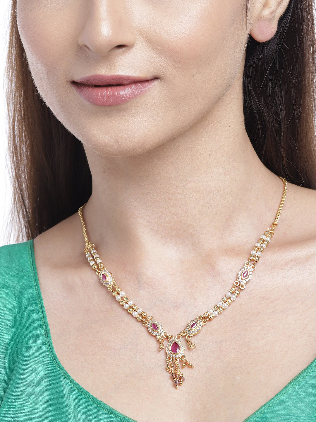 Magenta & White Gold-Plated AD-Studded Handcrafted Dual-Stranded Necklace