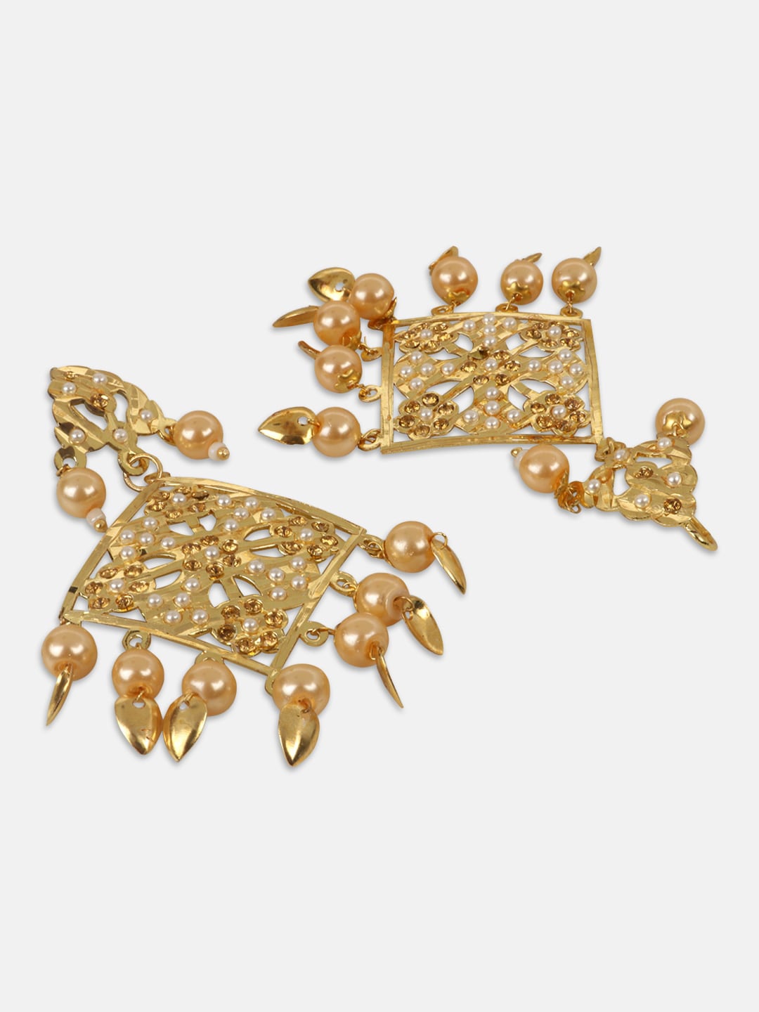 Gold-Plated White & Beige Pearl-Beaded & Stone-Studded Handcrafted Jewellery Set ( American Diamond , Gold , White )