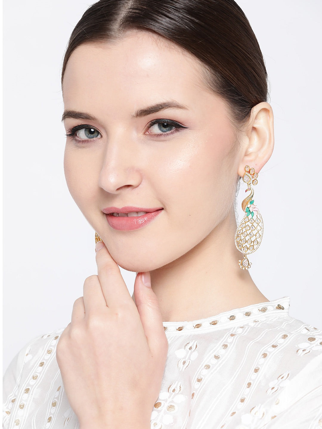 Peach-Coloured Gold-Plated Handcrafted AD Stones Peacock-Shaped Drop Earrings