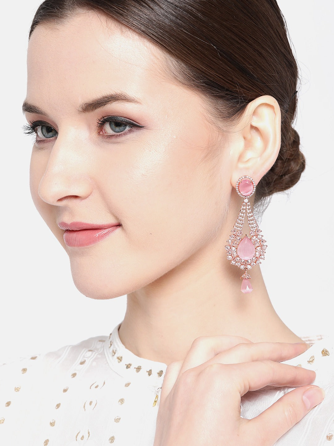 Rose Gold-Plated AD Studded Beaded Handcrafted Teardrop Shaped Drop Earrings