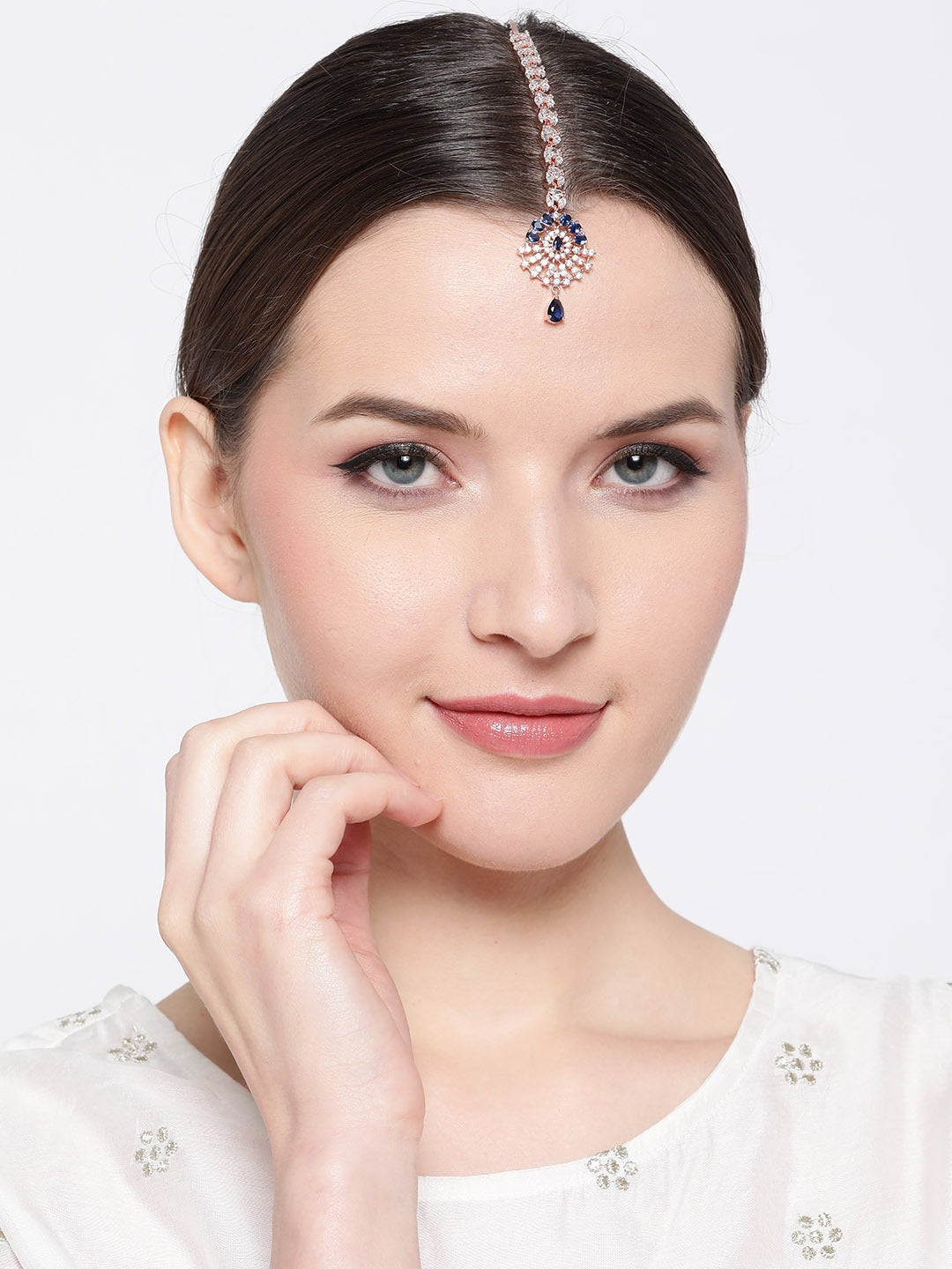 Navy Rose Gold-Plated CZ Stone-Studded Handcrafted Maang Tika