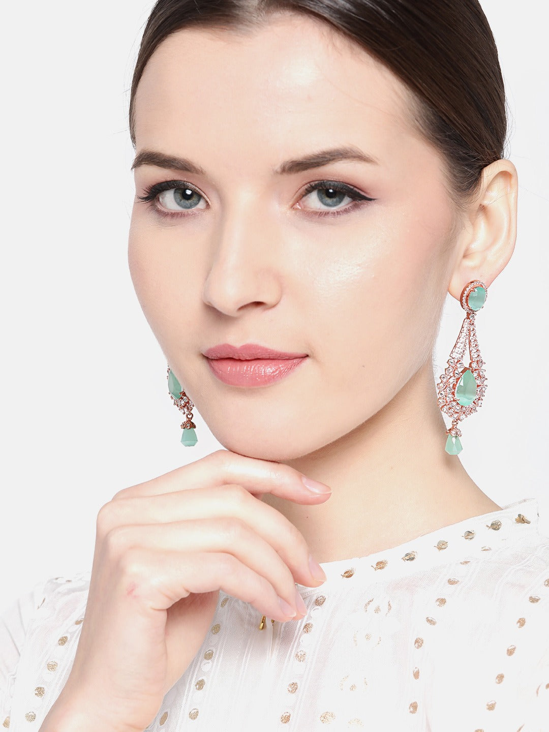Rose Gold-Plated AD Studded Beaded Handcrafted Teardrop Shaped Drop Earrings