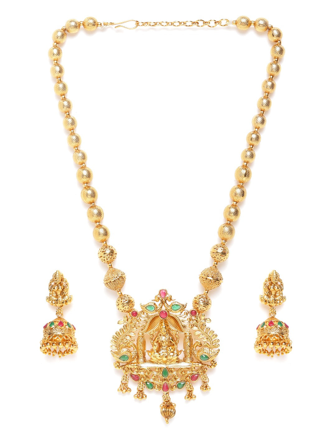 Women Green & Red Gold-Plated Stone Studded Handcrafted Temple Jewellery Set