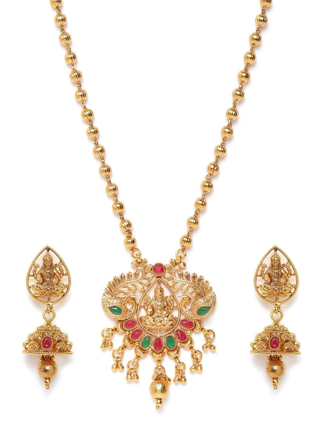 Red Gold-Plated Stone-Studded Goddess Lakshmi Handcrafted Jewellery Set