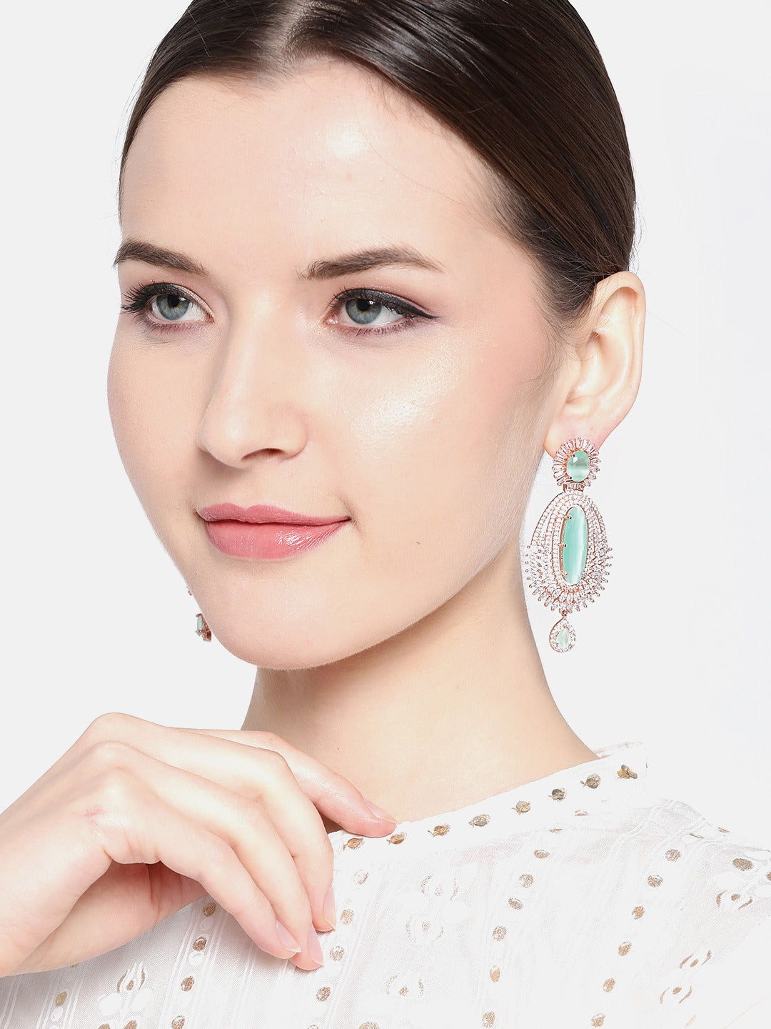 Sea Green Rose Gold-Plated AD-Studded Handcrafted Oval Drop Earrings