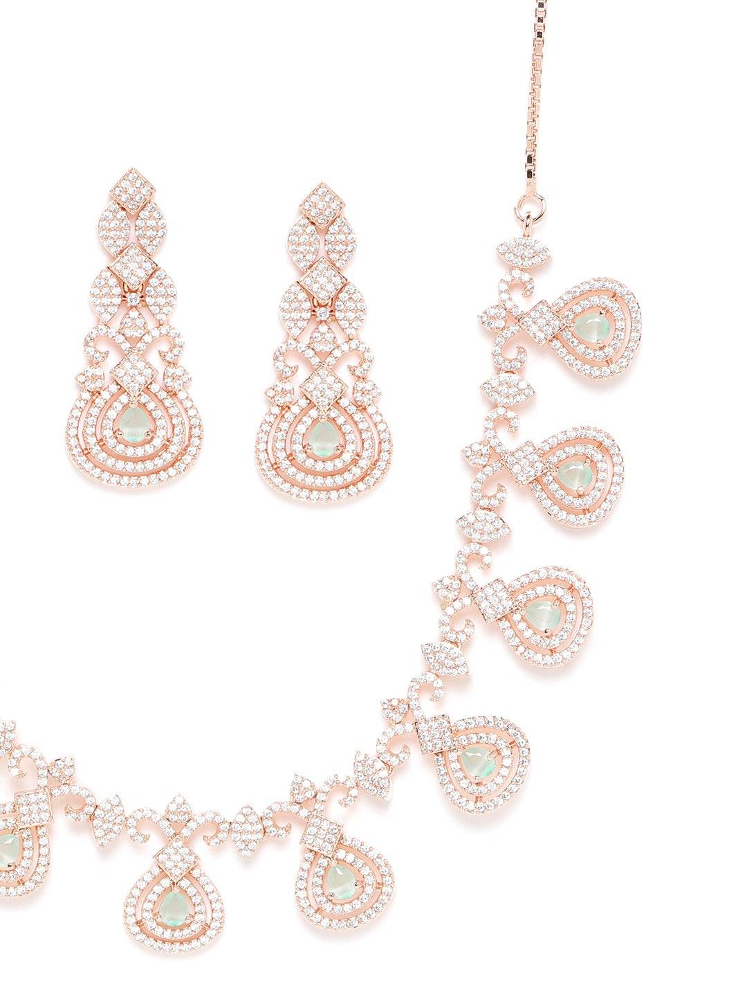 Sea Green Rose Gold Plated AD Studded Handcrafted Latest Necklace Set ( American Diamond , Rose Gold , Sea Green )