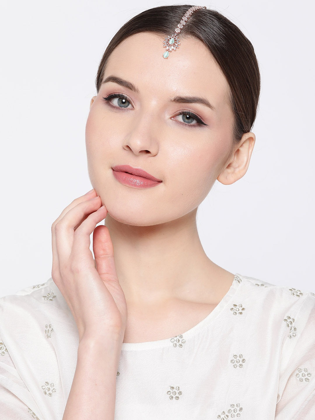 Sea Green Rose Gold-Plated CZ Stone-Studded Handcrafted Maang Tika