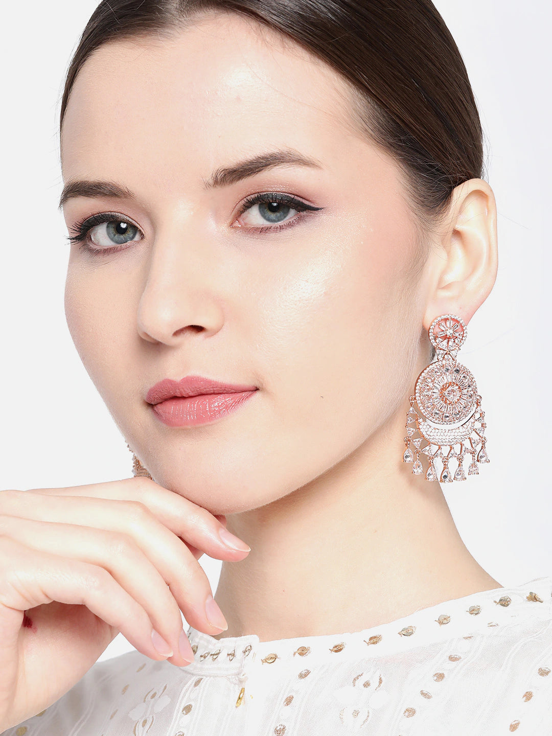 Rose Gold-Plated AD Studded Handcrafted Drop Earrings