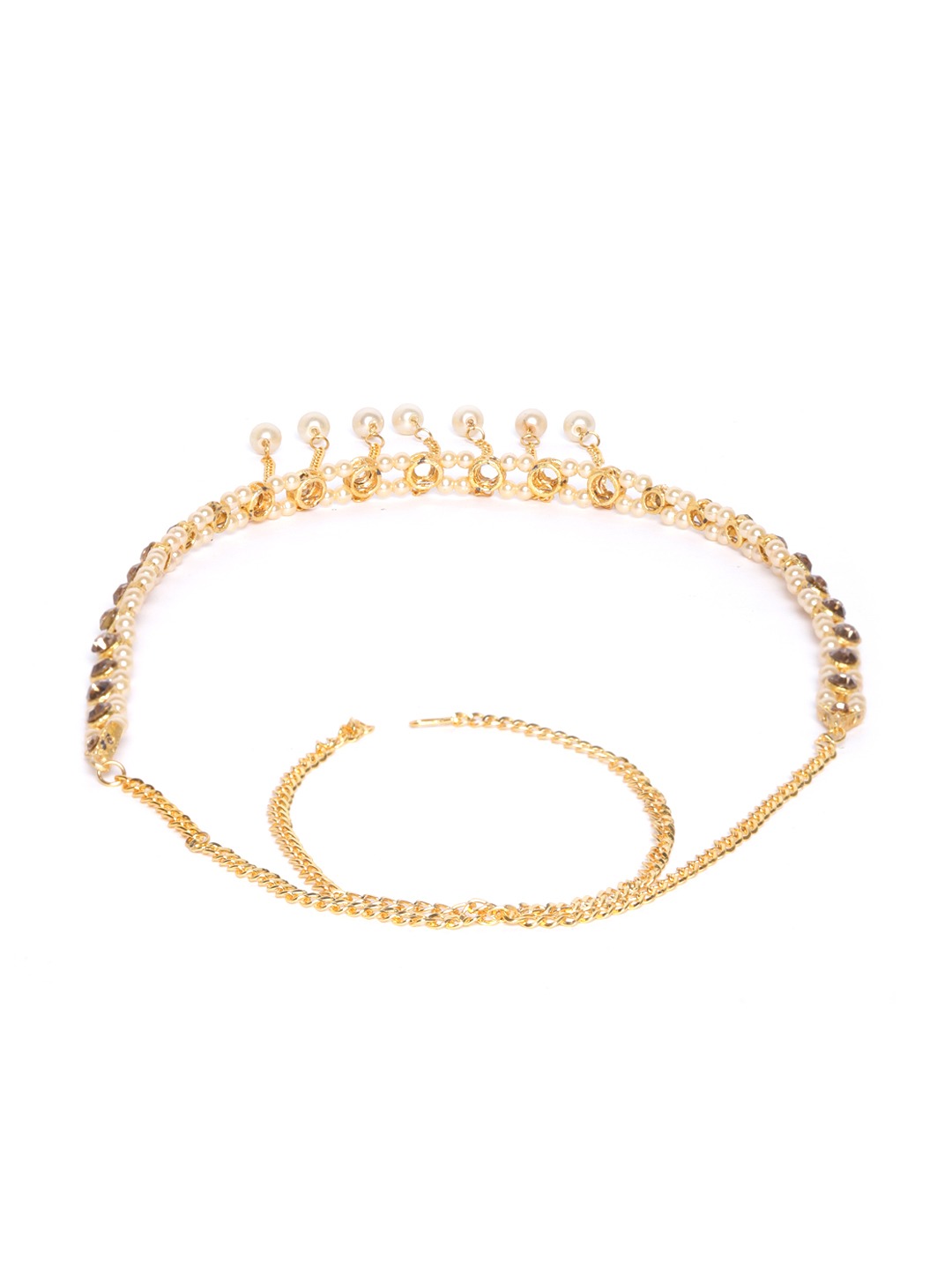 Off-White Gold-Plated CZ Studded & Beaded Handcrafted Kamarbandh ( American Diamond , Gold , Off White )