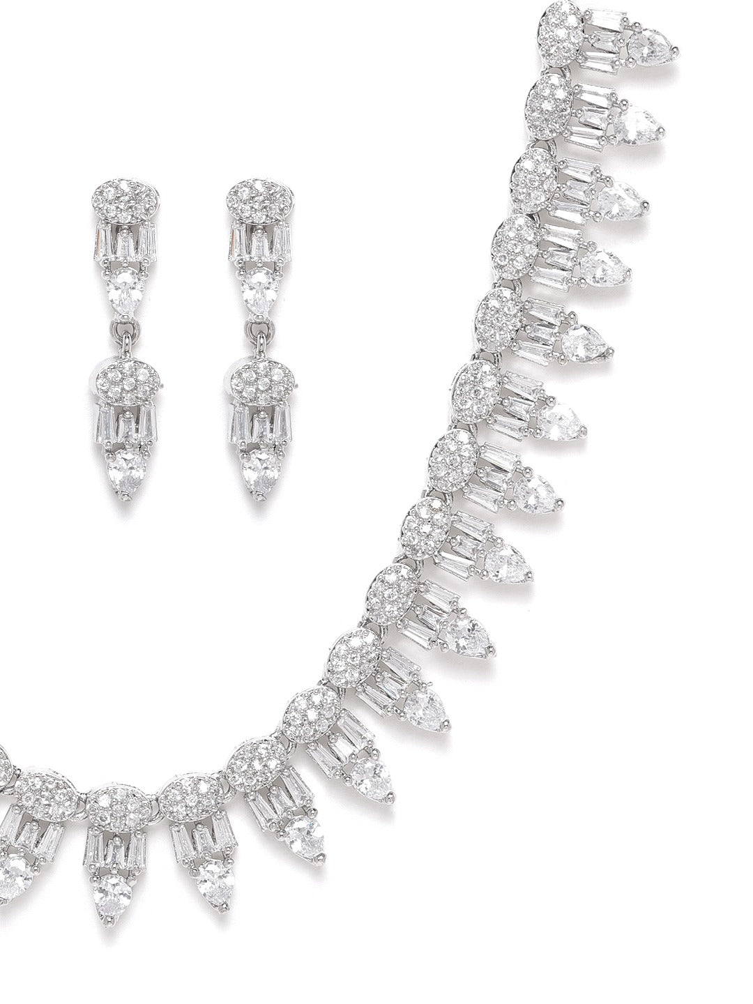 Silver-Toned Silver-Plated AD-Studded Handcrafted Jewellery Set ( American Diamond , Silver , Silver )